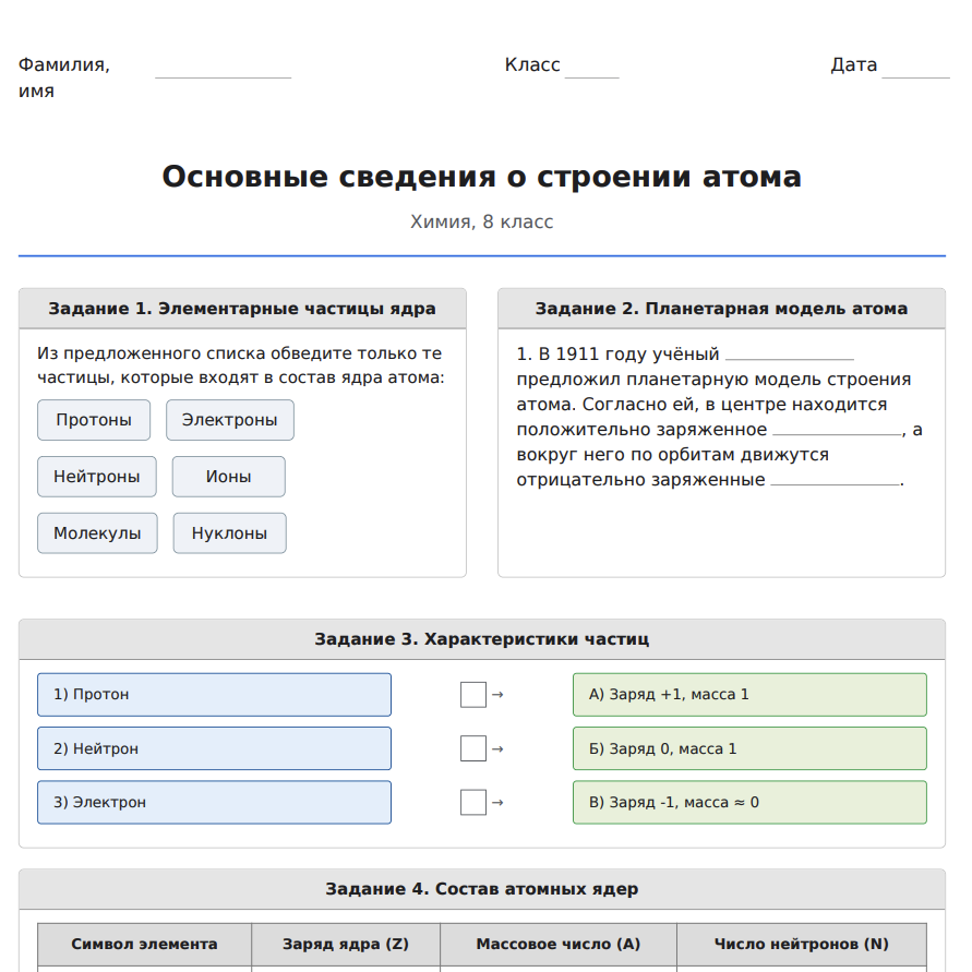 Рабочий лист: Строение атома, химия 8 класс